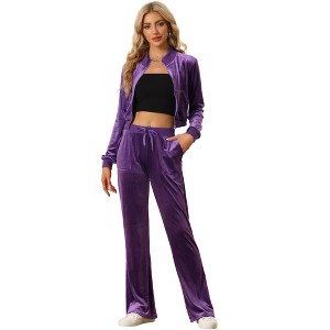 Allegra K Women's Velour Crop Zip Jacket Flare Pants Two Pieces Tracksuit Set - 1 of 4
