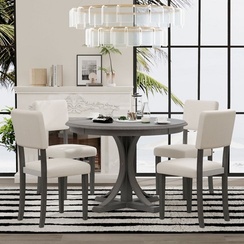 5 PCS Retro Round Dining Table Set with Curved Trestle Style Table and 4 Upholstered Chairs Gray ModernLuxe