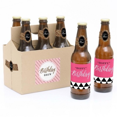 Big Dot of Happiness Chic Happy Birthday - Pink, Black and Gold - Birthday Party Decorations for Women - 6 Beer Bottle Label Stickers and 1 Carrier