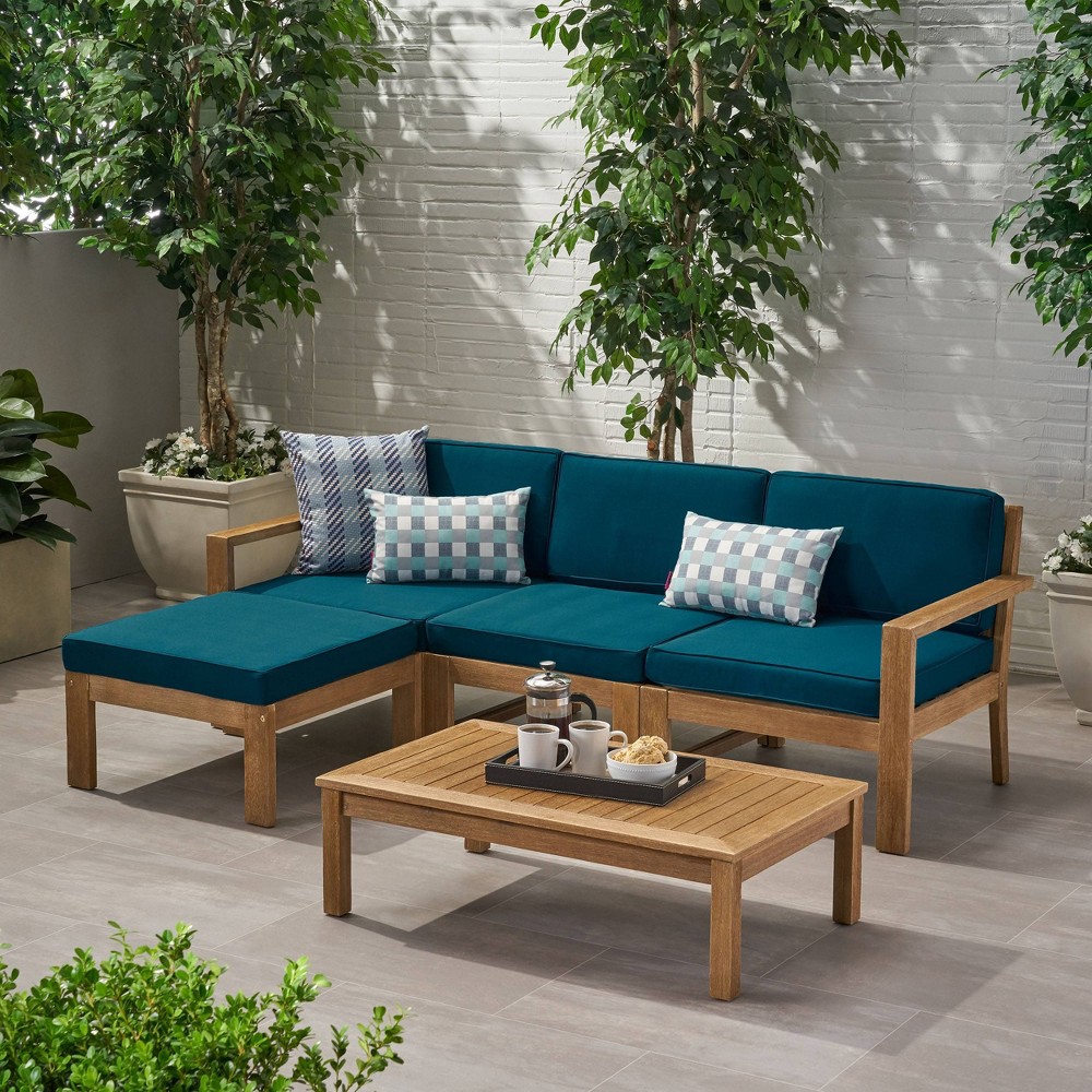 Santa Ana 5pc Acacia Wood Sofa Sectional Set Light Brown Dark Teal Christopher Knight Home