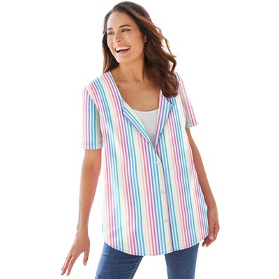 Woman Within Plus Size Seersucker Baseball Shirt