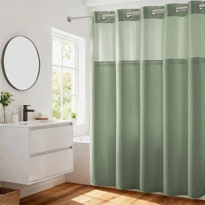 Green Heavyweight No Hooks Required Shower Curtain with Snap in Liner Dotted Waffle Weave Hotel Grade Spa Like Bath Curtain - 1 of 4