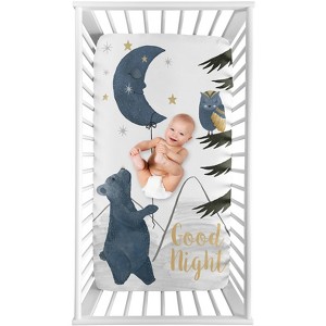 Sweet Jojo Designs Gender Neutral Photo Op Fitted Crib Sheet Bear and Moon Blue Gold and Grey - 1 of 4