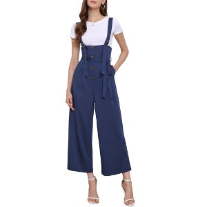 Allegra K Women's High Waist Wide Leg Belted Button Long Overalls Jumpsuit - 1 of 4