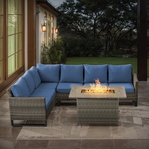 POCASSY All Weather Gray Wicker Outdoor Sectional Sofa with Fire Pit Table, 4PCS Patio Furniture Set with 41" Propane Firepit Table for Outside - 1 of 4