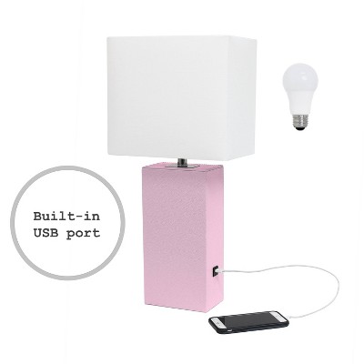 Blush Pink Leather Table Lamp with USB Port and Fabric Shade