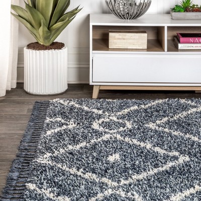Denim Blue Geometric Shag Area Rug with Tassels