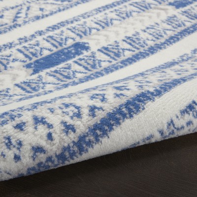 Ivory Blue Geometric Synthetic 6' x 9' Easy-Care Area Rug