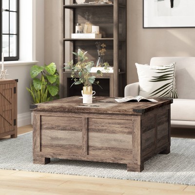 Rustic Gray Wash Square Wood and Metal Lift-Top Coffee Table with Storage