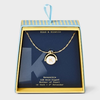 14K Gold Dipped Crystal and Mother of Pearl Circle Spinner Initial Necklace - A New Day™
