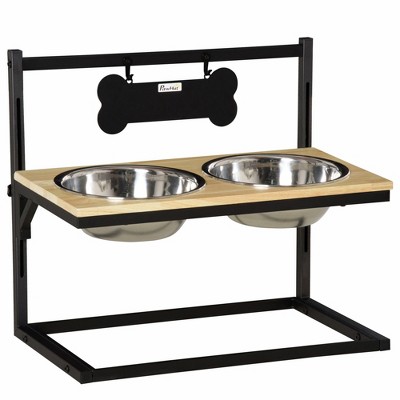 PawHut Elevated Dog Bowls Feeder with Stainless Steel Set, Twin Raised Adjustable Pet Food Platform for Medium, Large Dogs, Natural
