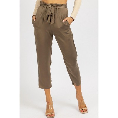Women's SATIN FRONT PLEAT TIE PANT - OLIVACEOUS