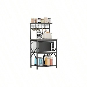 Kitchen Bakers Rack Microwave Stand 4 Tiers Coffee Bar Station with 6 S Hooks Pegboard Black Oak Storage Shelves for Spices - 1 of 4