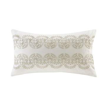 LIVN CO. Crewel Stitch Embroidered Cotton Oblong Pillow, White