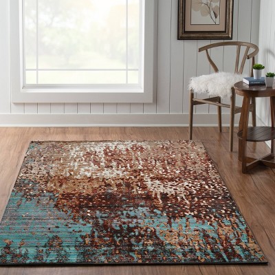Forest Beige & Green Washable Rectangular Synthetic Rug