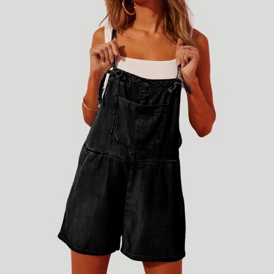 Amaryllis Women’s Chambray Denim Short Overalls Relaxed Fit Adjustable Tie Straps Pockets Casual Lightweight Romper