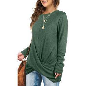 Women's Knotted Long Sleeve Top Soft Classic Fall Blouse Effortless Holiday Style - 1 of 4