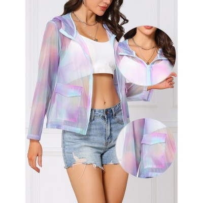 INSPIRE CHIC Women's Mesh Sheer Hooded Long Sleeve Zipper Party Casual Jacket with Pockets Large Purple Green — фото 2