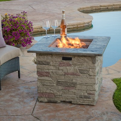 VYNXARIA 32-Inch Stone Square MGO Fire Pit with Grey Top,40000 BTU Outdoor Heating for Stylish Gatherings