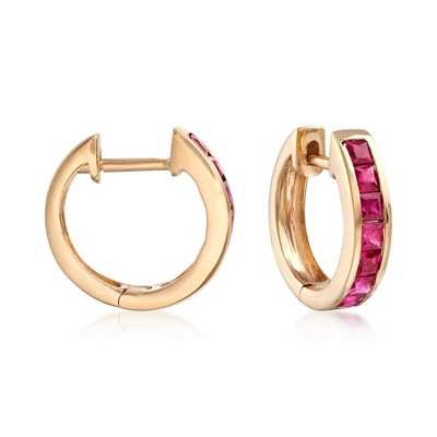 Ross-Simons 0.80 ct. t.w. Square-Cut Ruby Huggie Hoop Earrings in 14kt Yellow Gold