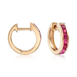 Ross-Simons 0.80 ct. t.w. Square-Cut Ruby Huggie Hoop Earrings in 14kt Yellow Gold - 1 of 4