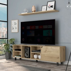 70.8" Manufactured Wood TV Stand for TVs up to 70" with Four Open Shelves, Five Legs, and One Cabinet for Living Room - 1 of 4