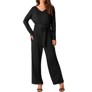 Seta T Women's Long Sleeve V Neck Belted Back Zipper Stretchy Wide Leg Long Pants Jumpsuit Rompers - 1 of 4