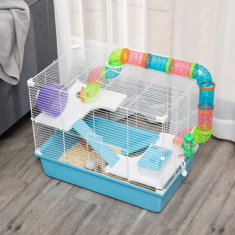 PawHut Large Hamster Cage and Habitat, 3-Level Steel Rat Cage, Small Animal House, with Tube Tunnels, Exercise Wheel, 23" x 14" x 18.5", Light Blue, 6 of 8