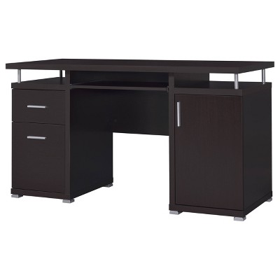 Cappuccino Brown Wood Office Desk with Drawers and Keyboard Tray