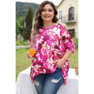 Red Floral Print Short Sleeve Plus Size Blouse - 1 of 1