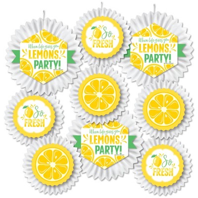 Big Dot of Happiness So Fresh - Lemon - Hanging Citrus Lemonade Party Tissue Decoration Kit - Paper Fans - Set of 9