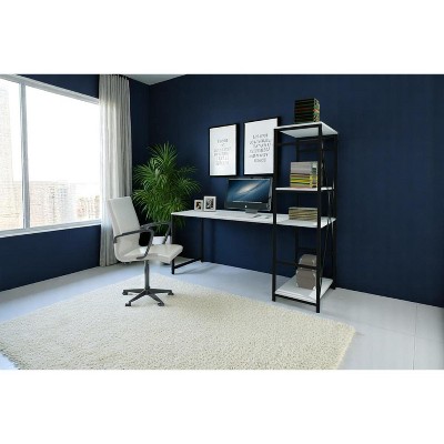 Vynxaria Rasse Writing Desk - Modern Black Metal Frame with Wooden Top & Shelves