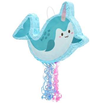Blue Panda Pull String Narwhal Pinata for Kids Birthday Party Supplies, Under the Sea Party Decorations (Small, 16.5 x 12.3 In)