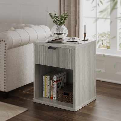 Vipbear Night Stand Scandinavian Nightstand with Fluted Drawer Storage End Table Modern Mid Century Wood Bedside Table for Bedroom Office-Gray/Brown
