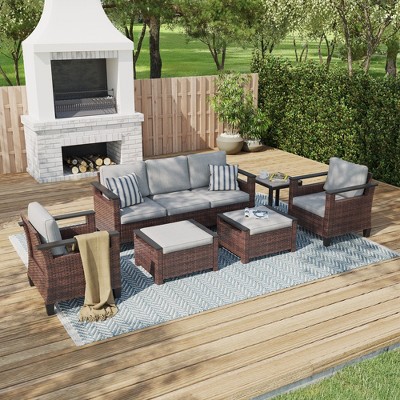 Sonkuki 6 Pieces Patio Sofa & Ottomans & Chair & Coffee Table Set, Conversation Couch with Sand Cushion