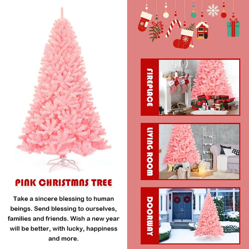 Costway 7.5Ft Hinged Artificial Christmas Tree Full Fir Tree New PVC w/ Metal Stand Pink, 5 of 12
