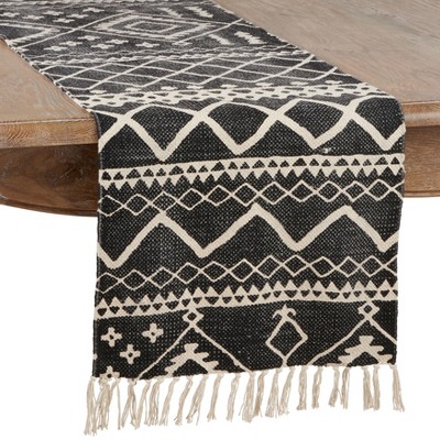 Saro Lifestyle African Mud Cloth Cotton Table Runner, 16"x72", Black