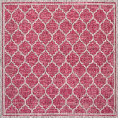 Fuchsia and Light Gray Trellis 5' Square Reversible Outdoor Rug