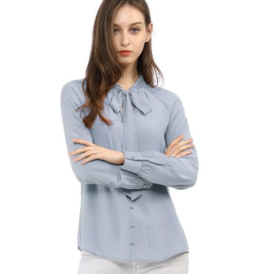 Vrtige Women's Elegant Bow Tie Neck Blouse - Long Sleeve Office Shirt Top