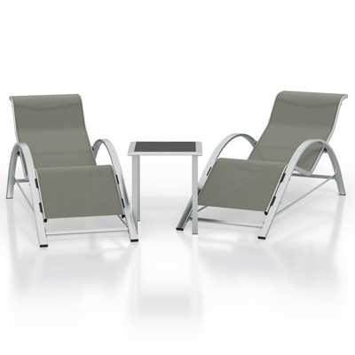 Aluminum Patio Furniture Set of 2 Lounge Chairs + Table - Modern Outdoor Recliners with Textilene Fabric (Light Gray)