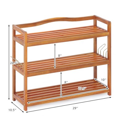Reddish Brown 3-Tier Acacia Wood Shoe Rack with Metal Hooks