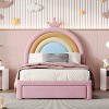 Twin/Full Size Velvet Upholstered Rainbow Design Bed, Princess Platform Bed with Storage Drawer, Pink - ModernLuxe - image 2 of 4