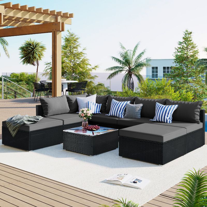 8-Pieces Outdoor Patio Furniture Sets, Garden Conversation Wicker Sofa Set, Single Sofa Combinable,Gray Wicker-Maison Boucle, 1 of 11