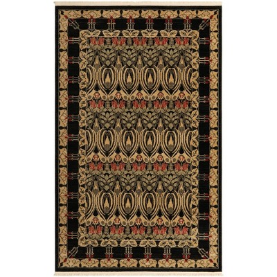 Black and Beige Rectangular Bohemian Area Rug with Fringe