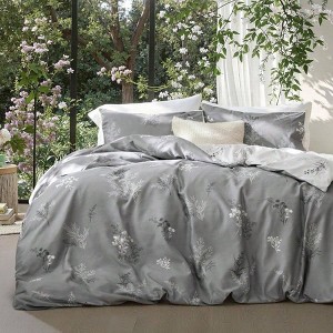 King Size Reversible Floral Duvet Cover Set with Zipper, Set of 3 Grey Bedding with 8 Corner Ties and 2 Pillowcases 20x26 - 1 of 4