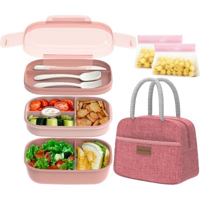 Bento Lunch Box Set - 3 Stackable Containers for Adults and Kids，lunch box for women- Includes Lunch Bag, Leak-Proof and Built-in Utensil Set