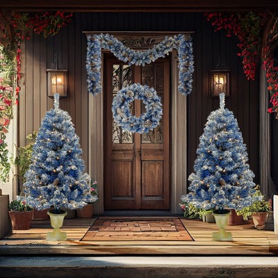 NicBex Prelit Artificial Christmas Trees Set of 4 with 2 Entrance Trees, Garland, Wreath, Pinecones and Lights for Indoor Decor