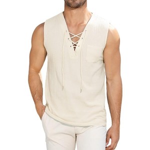 Men's Cotton Linen Tank Top Shirts Casual Sleeveless Lace Up Beach Hippie Tops Bohemian Renaissance Pirate Tunic - 1 of 4