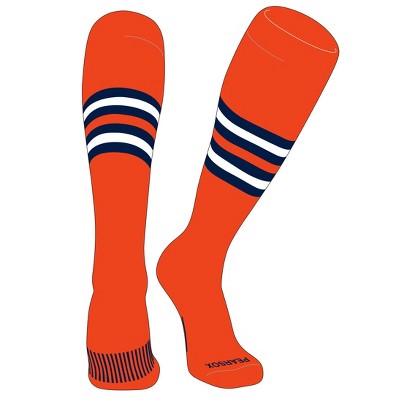 PEAR SOX Striped OTC Baseball, Softball, Football Socks (F) Orange, Navy, White (S)