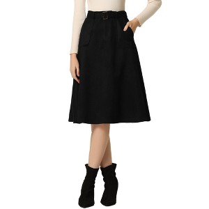 INSPIRE CHIC Women's Casual Solid Faux Suede Pockets Stretch A-line Midi Skirt with Belt - 1 of 4